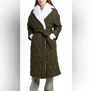 Topshop Olive Quilted Puffer Coat with White Collar